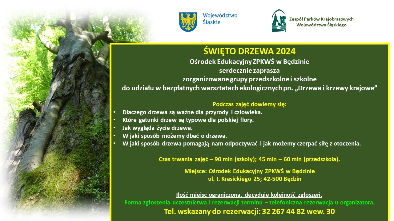 Na zaproszeniu widoczne: u góry znak herbowy województwa śląskiego i Zespołu Parków Krajobrazowych Województwa Śląskiego. Po lewej stronie zdjęcie pnia starego i grubego buka. Po prawej treść zaproszenia wraz z danymi miejsca realizacji i numerem telefonu do kontaktu.