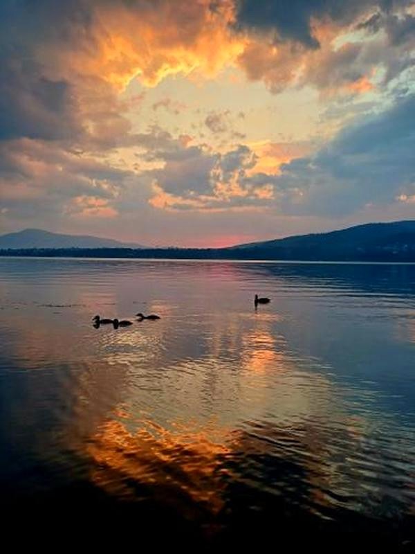 Widok na jezioro z widocznym na horyzoncie zarysem gór. Na jeziorze w centralnym punkcje zdjęcia pływają oddalone cztery kaczki. Zdjęcie zrobione o zachodzie słońca. Nad jeziorem unoszą się chmury w pastelowych odcieniach niebieskiego, różu i pomarańczu.
