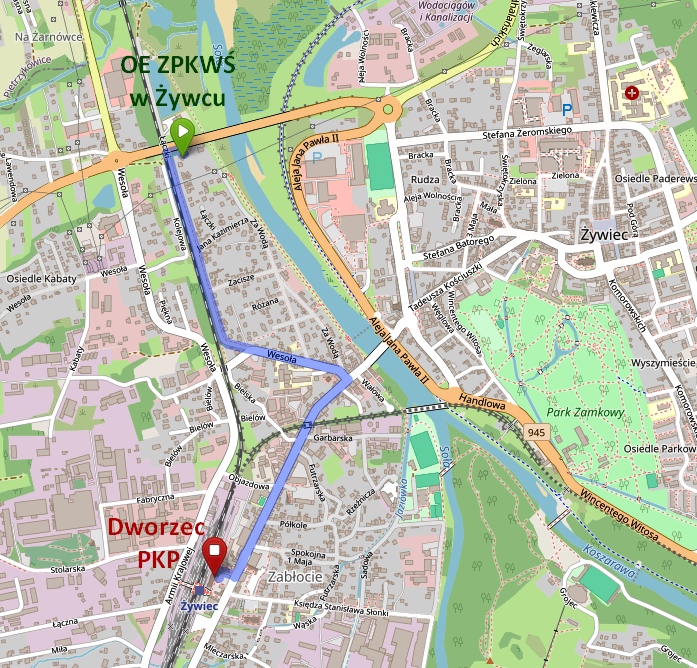 plan dojazdu do OE ZPKWŚ w Żywcu