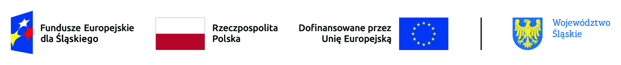 w układzie poziomym znajdują się 4 logotypy (w kolejności od lewej strony): niebieski pionowy prostoką, a na nim 3 gwiazdy w kolorze białym, czerwonym i żółtym, obok napis Fundusze Europejskie dla Śląskiego; następnie flaga Rzeczpospolita Polska; następnie napis Dofinansowane przez Unię Europejską, niebieski prostokąt z 15 gwiazdami żółtymi ułożonymi w okrąg; na końcu herb, gdzie na niebieskim tle widnieje żółty orzeł obok napis Województwo Śląskie