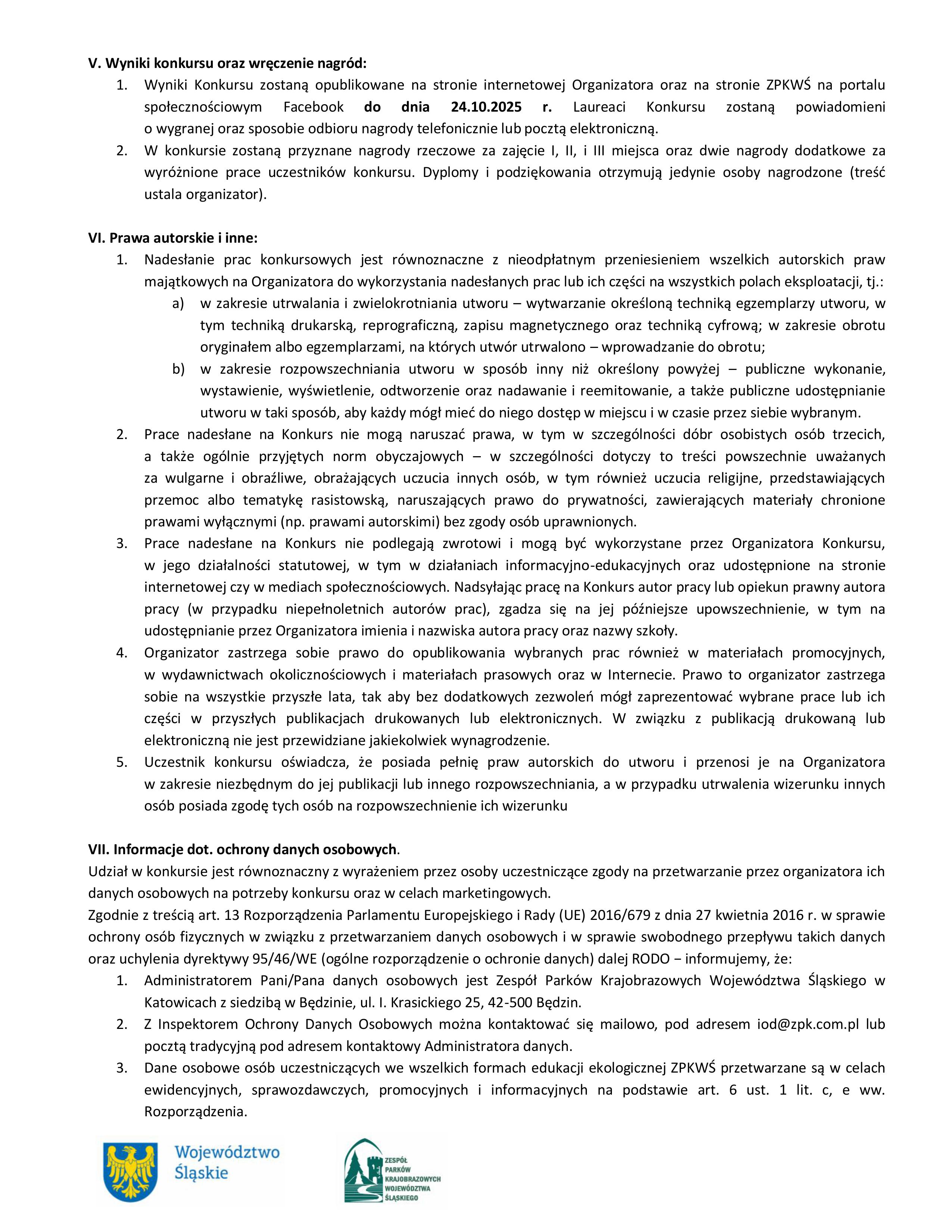 Dalsza część regulaminu konkursu pn. "Las, mijesce w którym mieszkają zwierzęta"