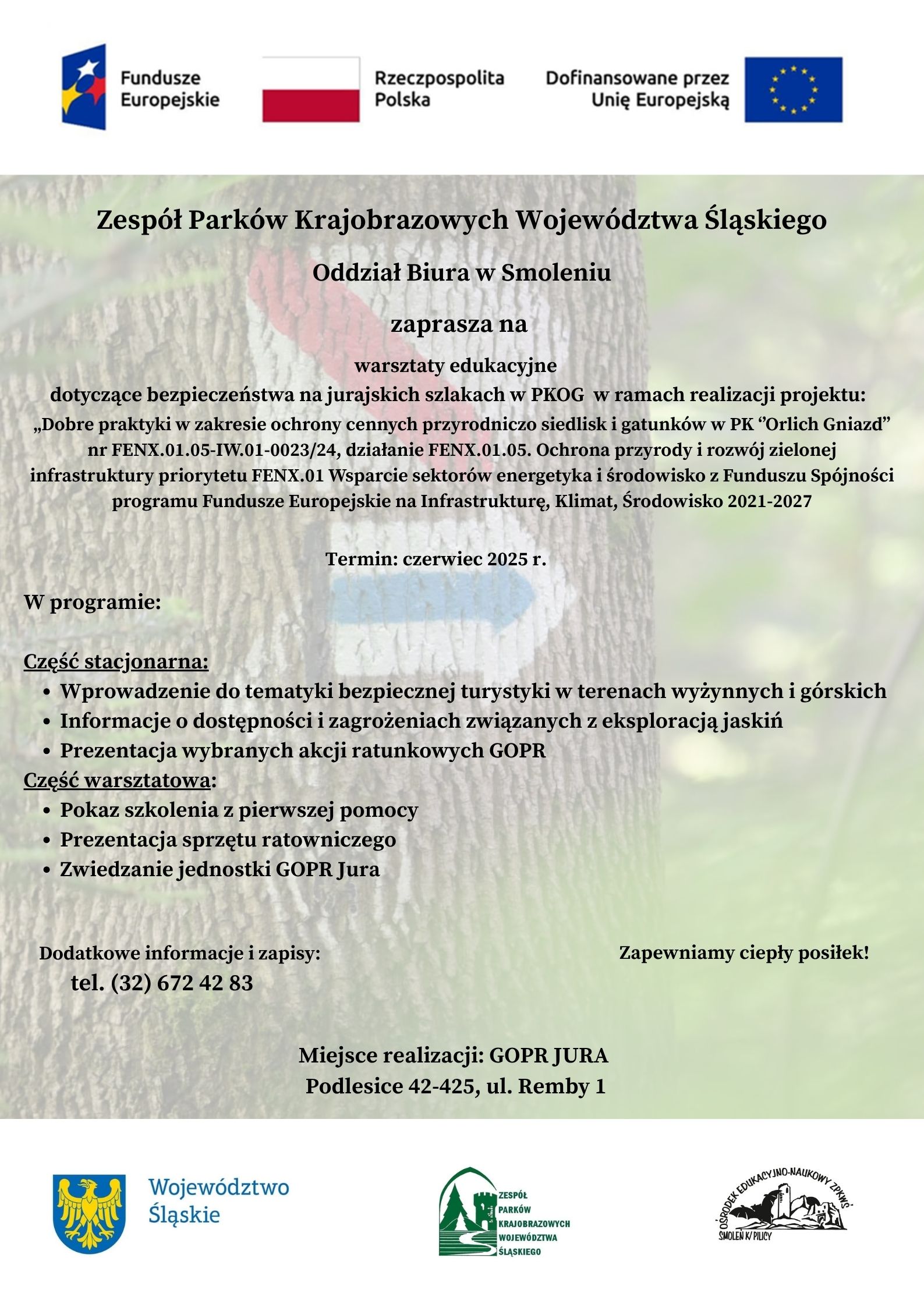 Na plakacie w górnej części widać logo Funduszy Europejskich, flagę Polski, flagę Unii Europejskiej. W dolnej części plakatu widać logotypy Województwa Śląskiego, Zespołu Parków Krajobrazowych Województwa Śląskiego oraz Ośrodka Edukacyjnego-Naukowego  ZPKWŚ O/Smoleniu. Na plakacie znajdują się informacje dotyczące warsztatów: warsztaty edukacyjne dotyczące bezpieczeństwa na jurajskich szlakach w Parku Krajobrazowym Orlich Gniazd organizowane w ramach realizacji projektu „Dobre praktyki w zakresie ochrony cennych przyrodniczo siedlisk i gatunków w PK ’’Orlich Gniazd” nr FENX.01.05-IW.01-0023/24 działanie FENX.01.05.Ochrona przyrody i rozwój zielonej infrastruktury priorytetu FENX.01 Wsparcie sektorów energetyka i środowisko z Funduszu Spójności programu Fundusze Europejskie na Infrastrukturę, Klimat, Środowisko 2021-2027. Termin realizacji zajęć- czerwiec 2025.  Miejsce - GOPR JURA Podlesice 42-425, ul. Remby 1. Program warsztatów - cześć stacjonarna - wprowadzenie do tematyki bezpiecznej turystyki w terenach wyżynnych i górskich, informacje o dostępności i zagrożeniach związanych z eksploracją jaskiń, prezentacja wybranych akcji ratunkowych GOPR, część warsztatowa - pokaz szkolenia z pierwszej pomocy, prezentacja sprzętu ratowniczego, zwiedzanie jednostki GOPR Jura. Na plakacie znajduje się informacja o zapewnieniu ciepłego posiłku.   Więcej informacji o zajęciach oraz dokonać zapisu można uzyskać pod numerem telefonu: (32) 672 42 83.  pod którym można dokonać zapisów oraz dopytać o szczegóły warsztatów.  Plakat ma tło na którym widać drzewo ze znakami trasy turystycznej. #FunduszeEuropejskie