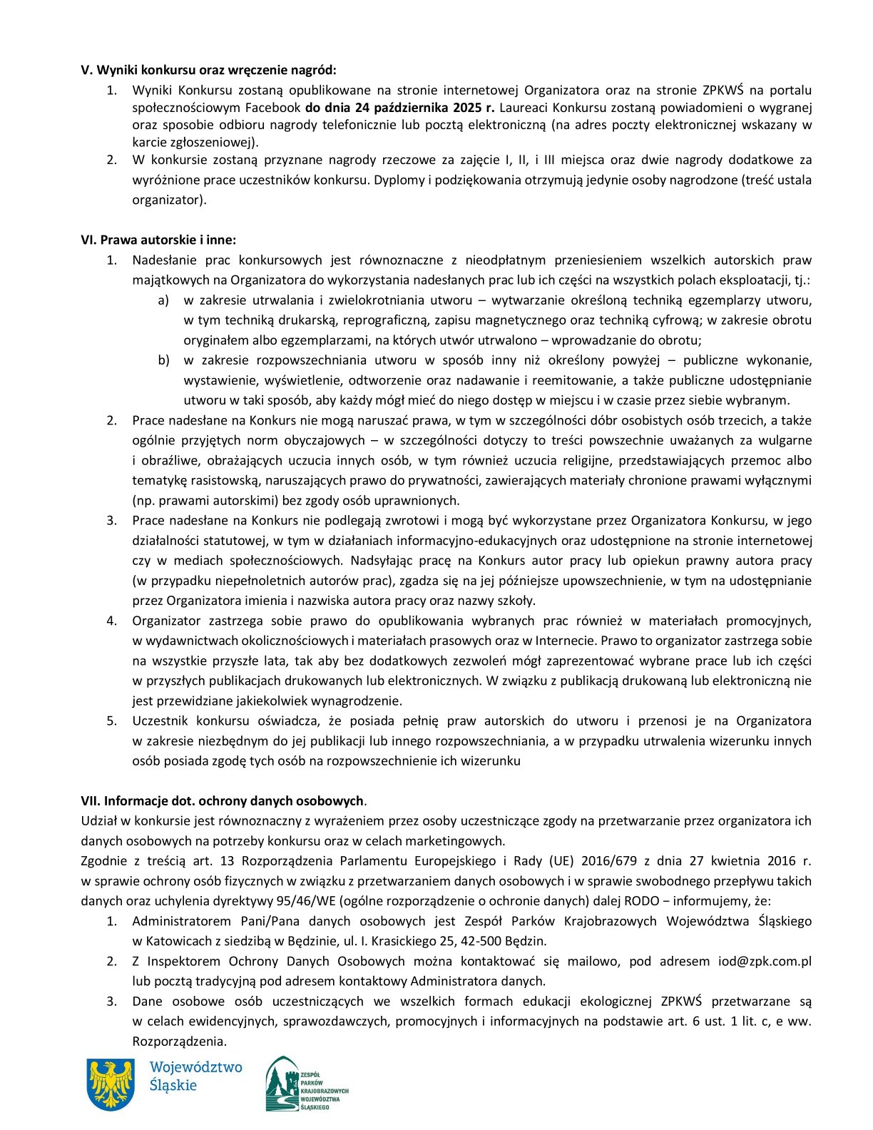 Dalsza część regulaminu konkursu pn. "Krajobraz i przyroda Województwa Śląskiego"