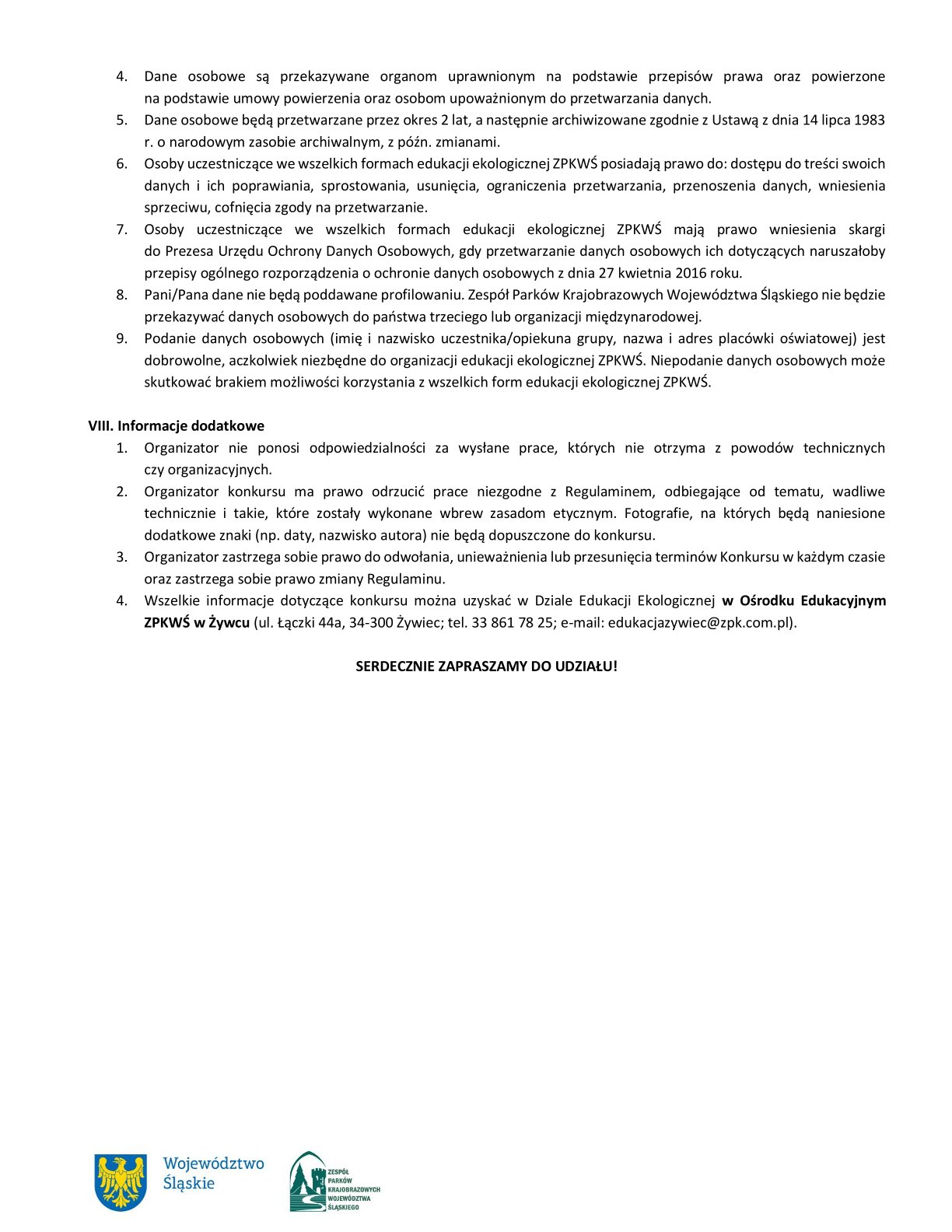 Dalsza część regulaminu konkursu pn. "Krajobraz i przyroda Województwa Śląskiego"