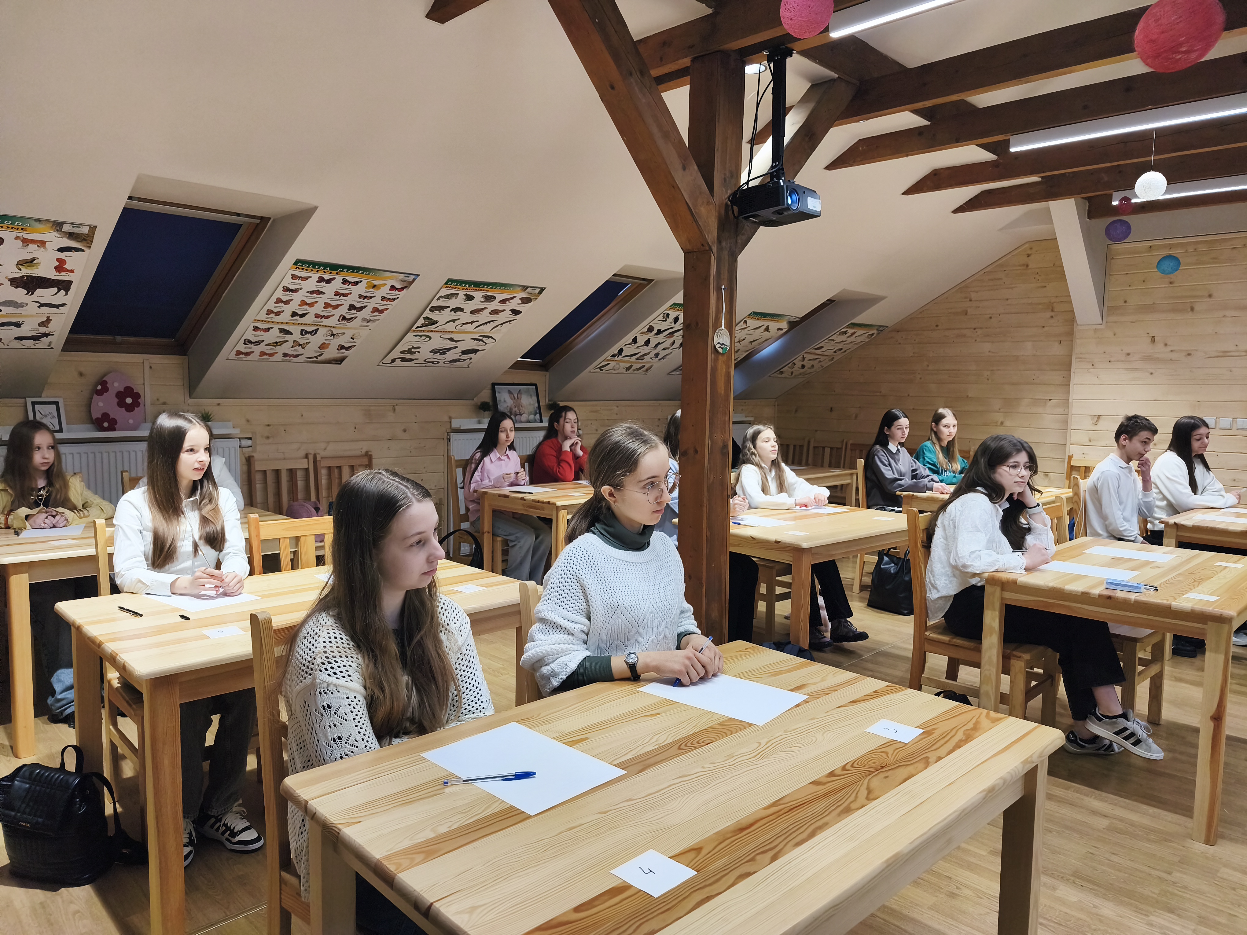 2.	W jasnej sali z drewnianymi ścianami i skośnym sufitem kilku uczniów siedzi przy drewnianych ławkach, pracując z kartkami i długopisami. Na suficie wiszą plakaty przedstawiające zwierzęta i owady, a z belki pod sufitem zwisa projektor. 