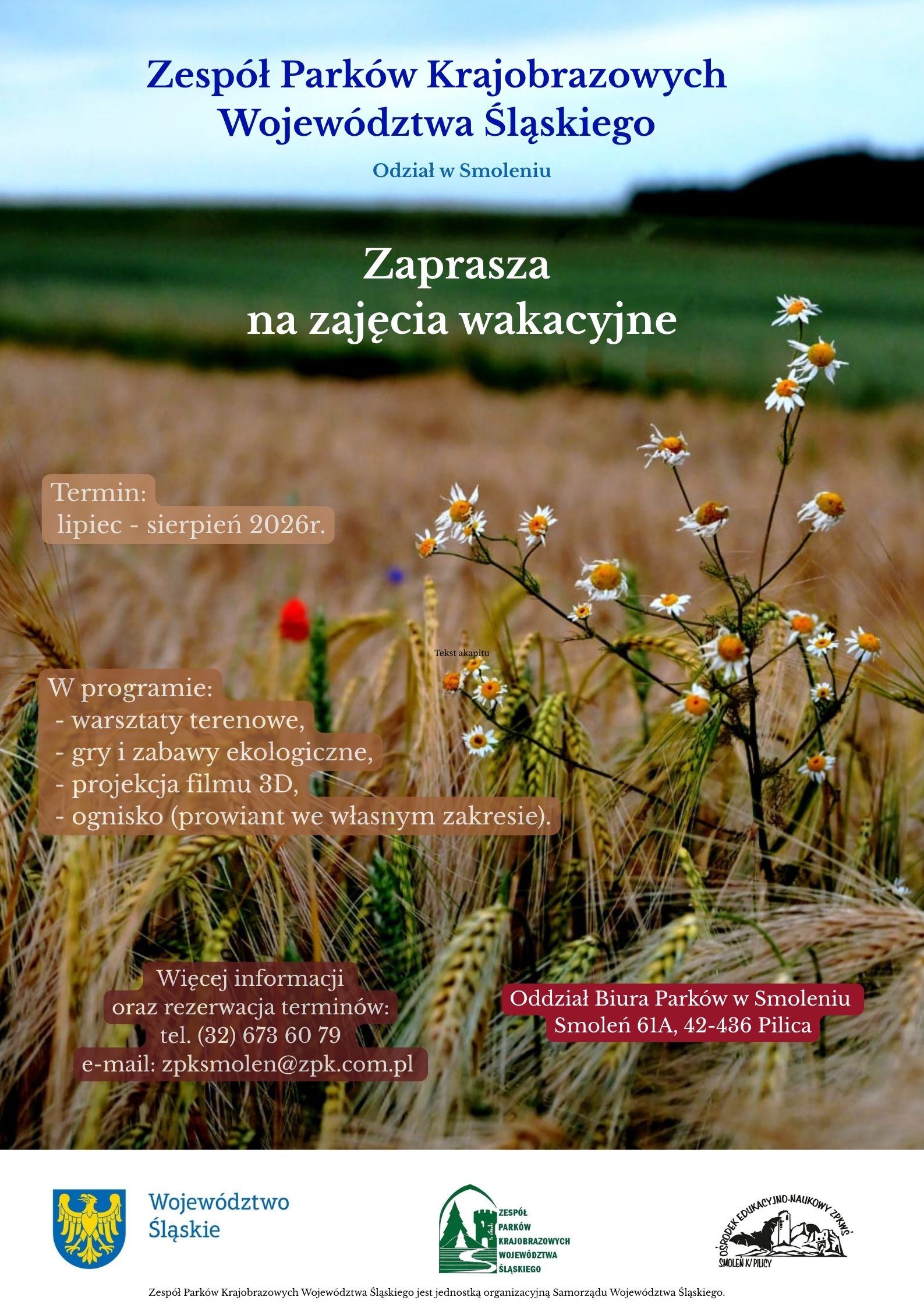 Plakat – „Zaproszenie na zajęcia wakacyjne”: na górze zdjęcia błękitne niebo na tle którego znajduje się napis: „Zespół Parków Krajobrazowych Województwa Śląskiego  Oddział w Smoleniu”, poniżej zielona łąka z napisem „Zaprasza na zajęcia wakacyjne”, poniżej po prawej stronie kwitnący Rumianek pospolity na tle nieostrych kłosów jęczmienia, na lewo od kwiatów napis: „Termin: lipiec-sierpień 2026r.” oraz „W programie: warsztaty terenowe, gry i zabawy ekologiczne, projekcja filmu 3D, ognisko (prowiant we własnym zakresie).” Poniżej po lewej napis: „Więcej informacji oraz rezerwacja terminów: tel. (32) 637 60 79  e-mail: zpkwsmolen@zpk.com.pl”, na prawo od niego napis: „Oddział Biura w Smoleniu Smoleń 61A, 42-436 Pilica”, na dole logotypy organizatorów: Województwo Śląskie, Zespół Parków Krajobrazowych Województwa Śląskiego, Ośrodek Edukacyjno-Naukowy ZPKWŚ.