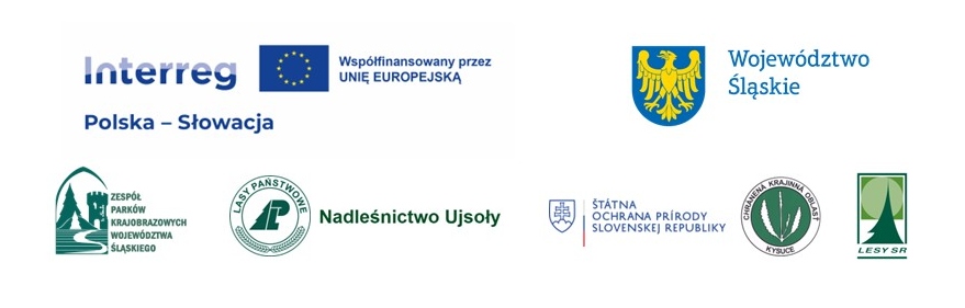 Logotypy instytucji związanych z ochroną przyrody i leśnictwem: Zespół Parków Krajobrazowych Województwa Śląskiego, Lasy Państwowe Nadleśnictwo Ujsoły, Chronená krajinná oblasť Kysuce oraz LESY SR. Logotypy ułożone w poziomie.
