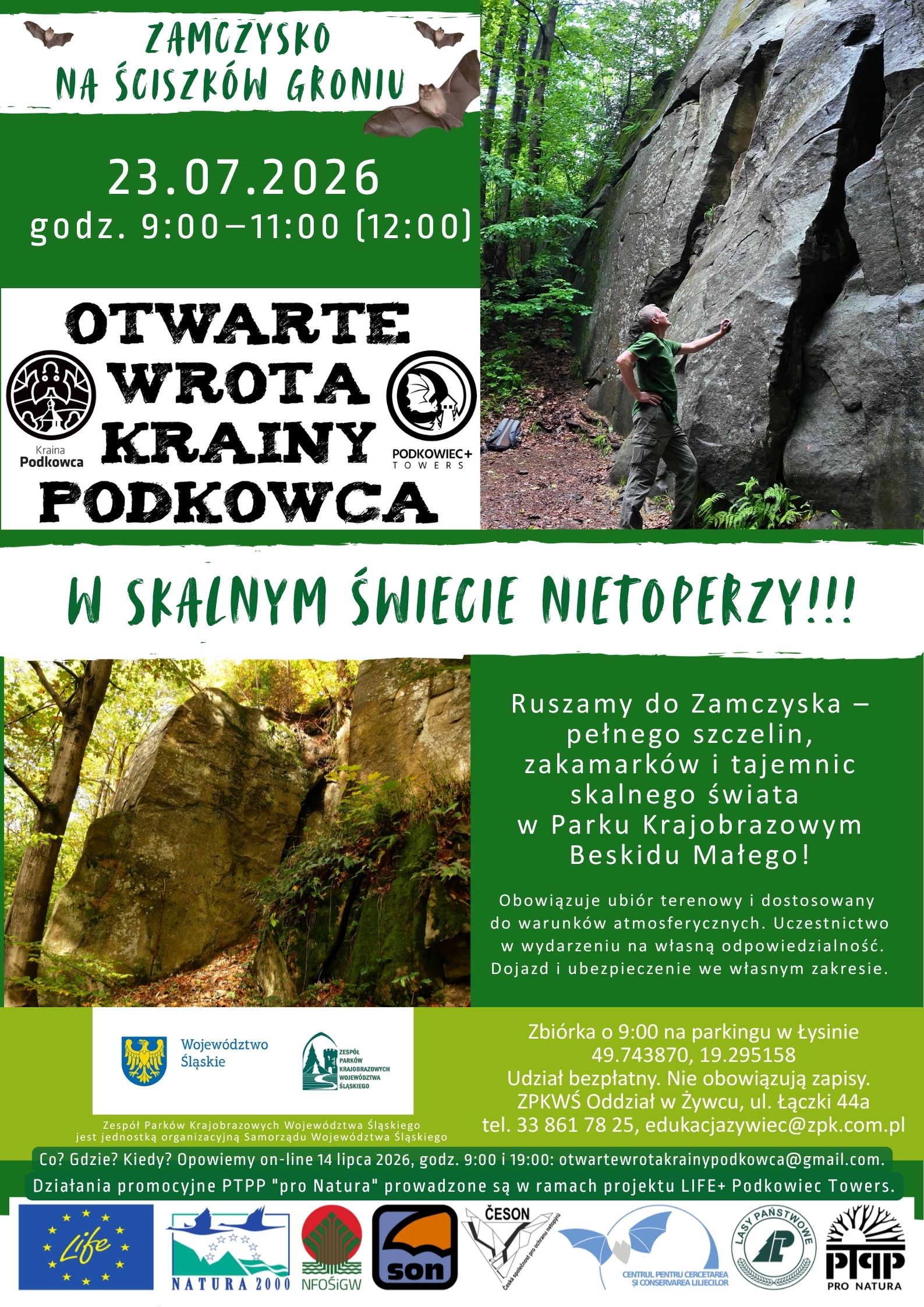 Opis do plakatu: na górze po lewej termin i godzina spaceru, poniżej hasło wydarzenia, po prawej zdjęcie z człowiekiem stojącym pod skałą. Po środku tytuł spaceru. Poniżej po lewej zdjęcie ścian skalnych oraz logotypy organizatorów, po prawej informacje organizacyjne. Na dole pasek z logotypami współorganizatorów spaceru.